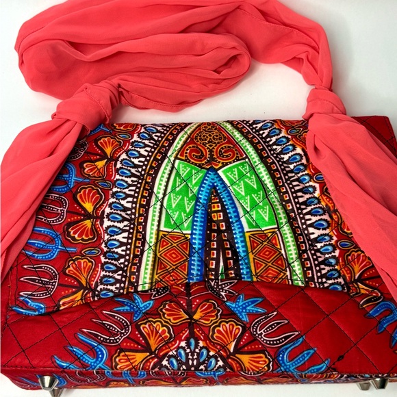 Colorful Boho Print Quilted Shoulder Bag with Coral Scarf Straps 14x11 - Picture 1 of 12